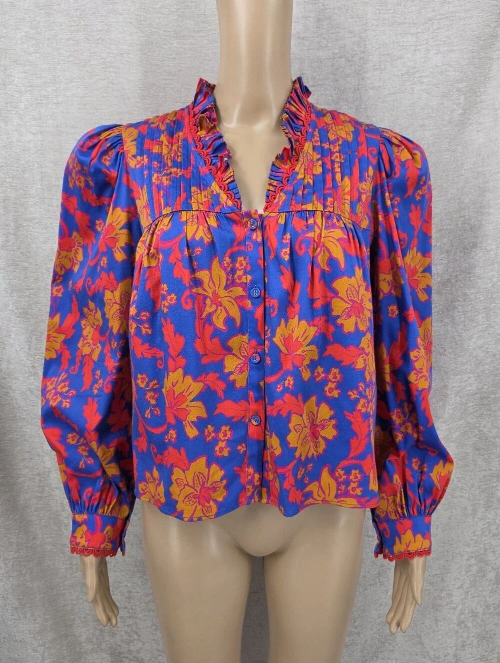 Alden Adair Vibrant Floral Ruffled Button Front Blouse Puffed Sleeves Scalloped